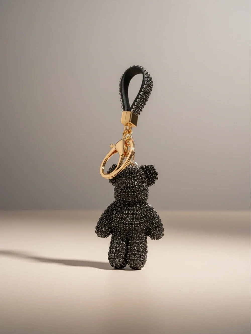 Gold Keyring with Black Crystal Teddy Charm and Strap